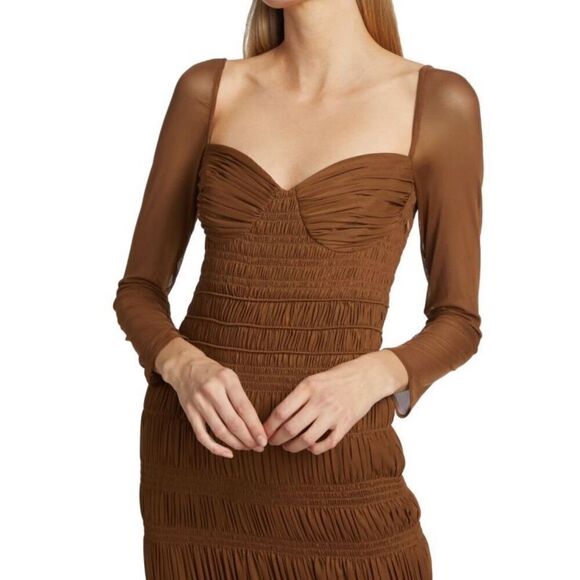 SELF-PORTRAIT Shirred Long Sleeve Midi-Dress in Caramel NWT Size 2 - Picture 4 of 11